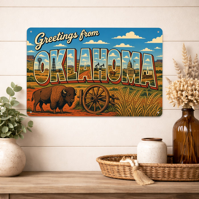 Greetings from Oklahoma metal sign with horizontal vintage 'Greetings from Oklahoma' large-letter postcard with Oklahoma