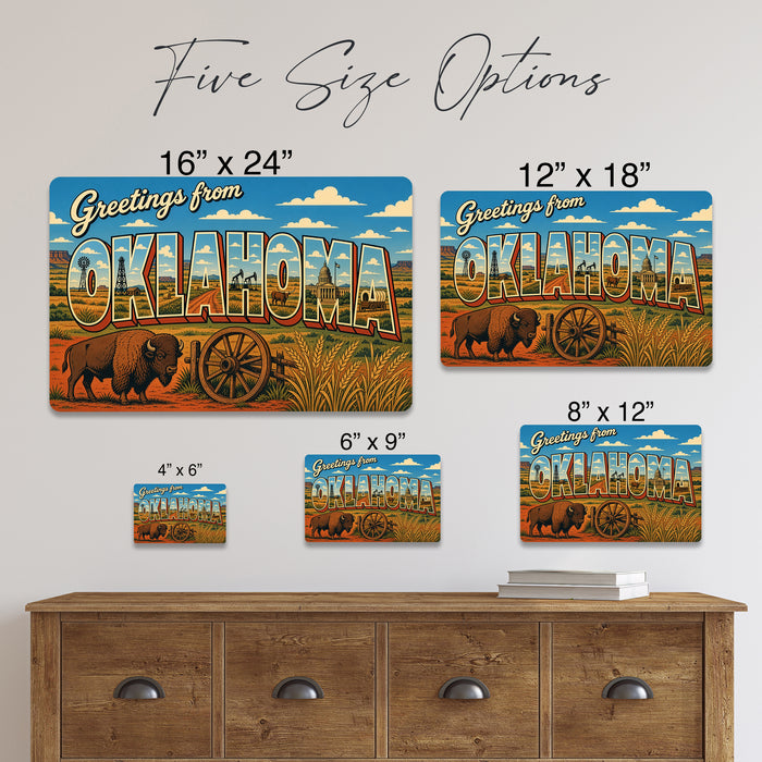 Greetings from Oklahoma metal sign with horizontal vintage 'Greetings from Oklahoma' large-letter postcard with Oklahoma
