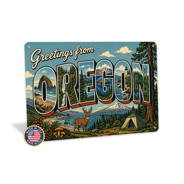 Greetings from Oregon metal sign with horizontal vintage 'Greetings from Oregon' large-letter postcard with Cascade peaks