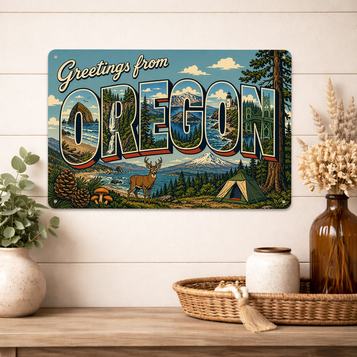 Greetings from Oregon metal sign with horizontal vintage 'Greetings from Oregon' large-letter postcard with Cascade peaks