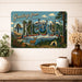 Greetings from Oregon metal sign with horizontal vintage 'Greetings from Oregon' large-letter postcard with Cascade peaks