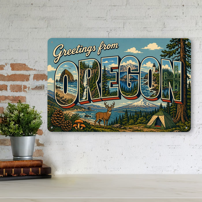 Greetings from Oregon metal sign with horizontal vintage 'Greetings from Oregon' large-letter postcard with Cascade peaks