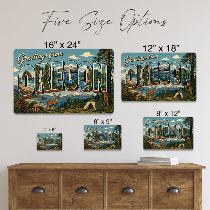 Greetings from Oregon metal sign with horizontal vintage 'Greetings from Oregon' large-letter postcard with Cascade peaks