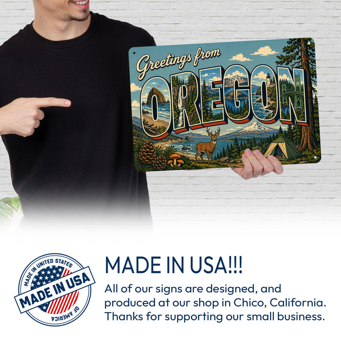 Greetings from Oregon metal sign with horizontal vintage 'Greetings from Oregon' large-letter postcard with Cascade peaks