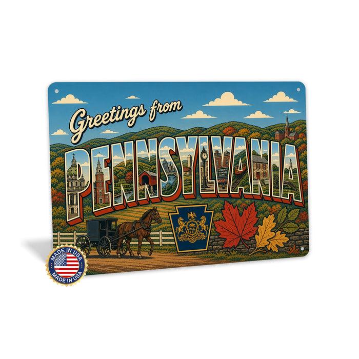 Greetings from Pennsylvania metal sign with horizontal vintage 'Greetings from Pennsylvania' large-letter postcard with