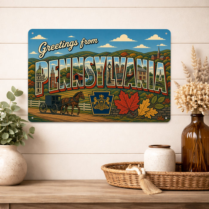 Greetings from Pennsylvania metal sign with horizontal vintage 'Greetings from Pennsylvania' large-letter postcard with