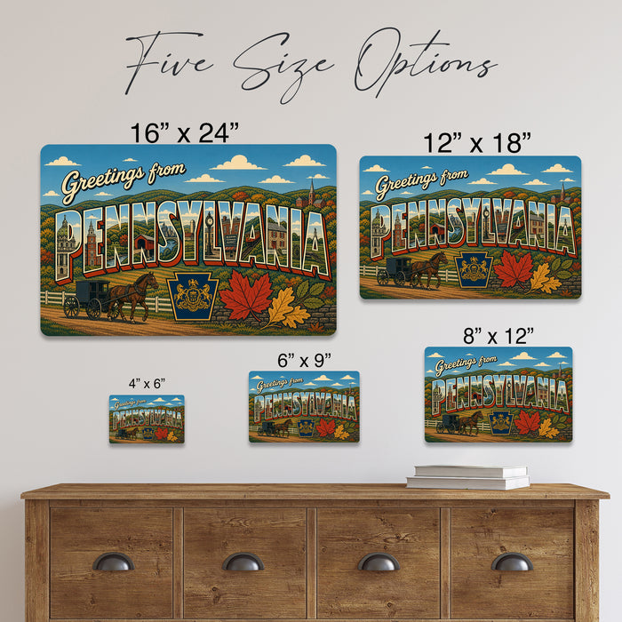 Greetings from Pennsylvania metal sign with horizontal vintage 'Greetings from Pennsylvania' large-letter postcard with