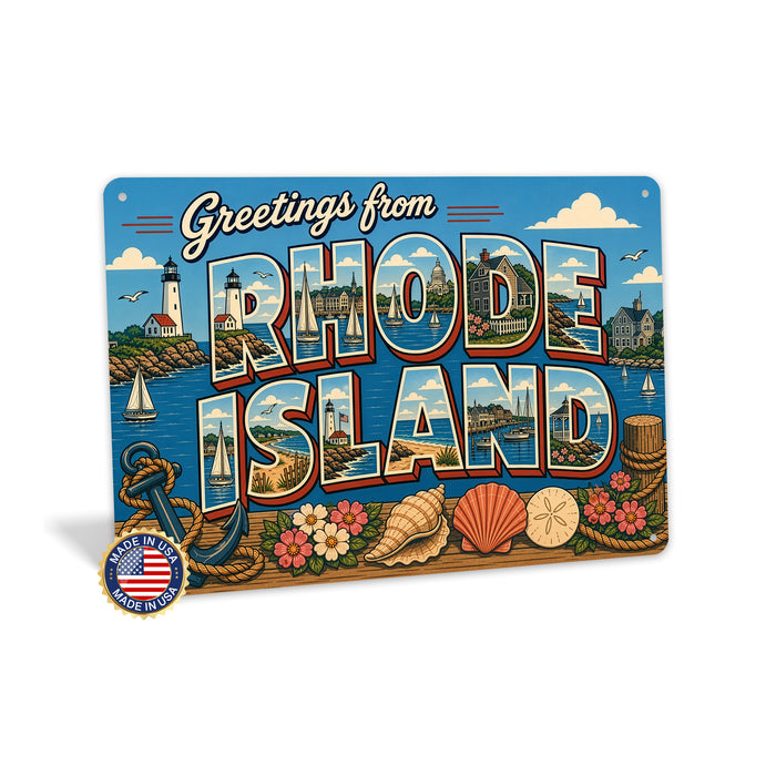 Greetings from Rhode Island metal sign with horizontal vintage 'Greetings from Rhode Island' large-letter postcard with