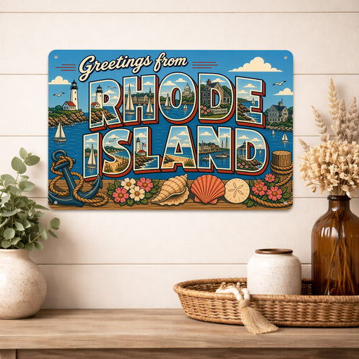 Greetings from Rhode Island metal sign with horizontal vintage 'Greetings from Rhode Island' large-letter postcard with