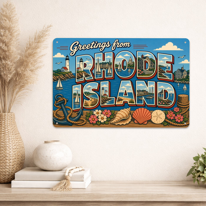 Greetings from Rhode Island metal sign with horizontal vintage 'Greetings from Rhode Island' large-letter postcard with