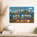 Greetings from Rhode Island metal sign with horizontal vintage 'Greetings from Rhode Island' large-letter postcard with