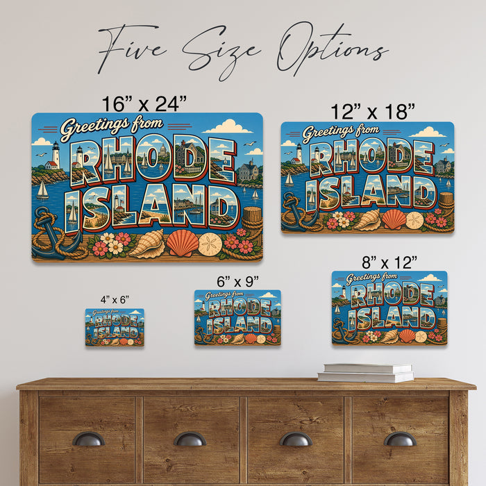 Greetings from Rhode Island metal sign with horizontal vintage 'Greetings from Rhode Island' large-letter postcard with