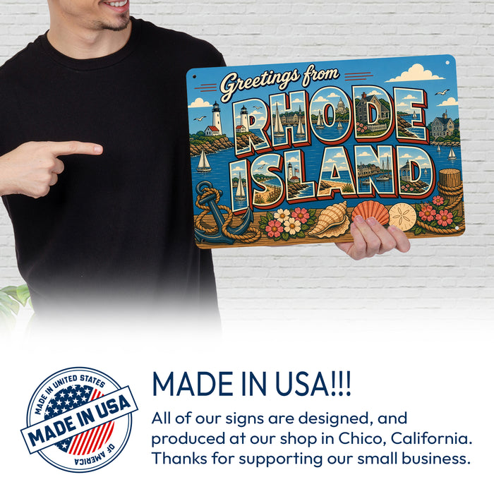 Greetings from Rhode Island metal sign with horizontal vintage 'Greetings from Rhode Island' large-letter postcard with
