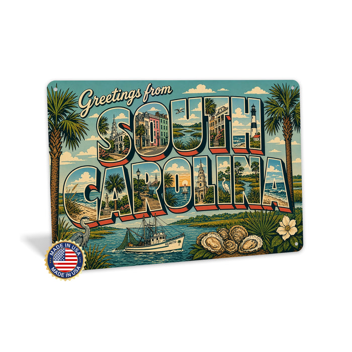 Greetings from South Carolina metal sign with horizontal vintage 'Greetings from South Carolina' large-letter postcard with