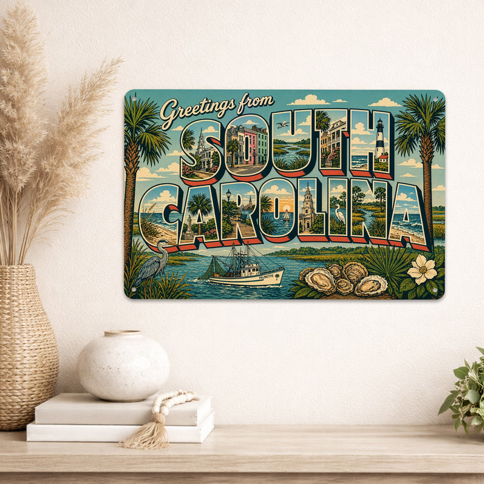 Greetings from South Carolina metal sign with horizontal vintage 'Greetings from South Carolina' large-letter postcard with