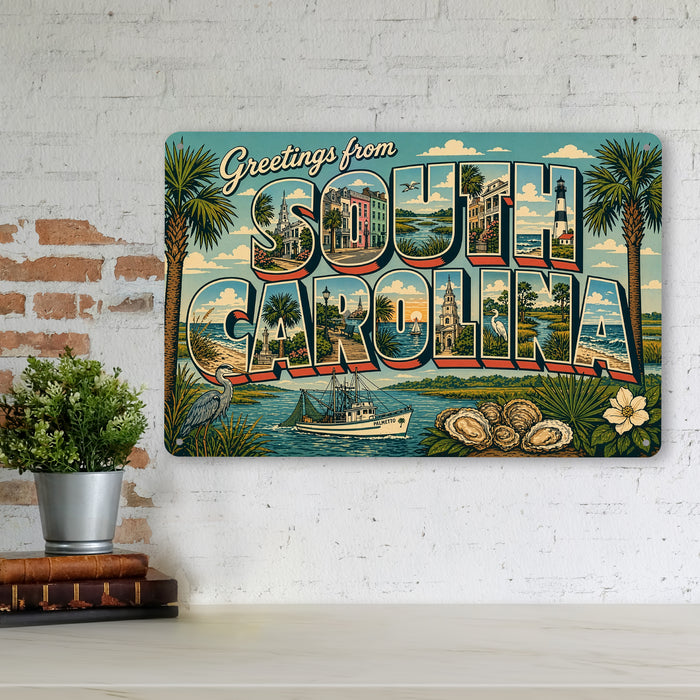 Greetings from South Carolina metal sign with horizontal vintage 'Greetings from South Carolina' large-letter postcard with