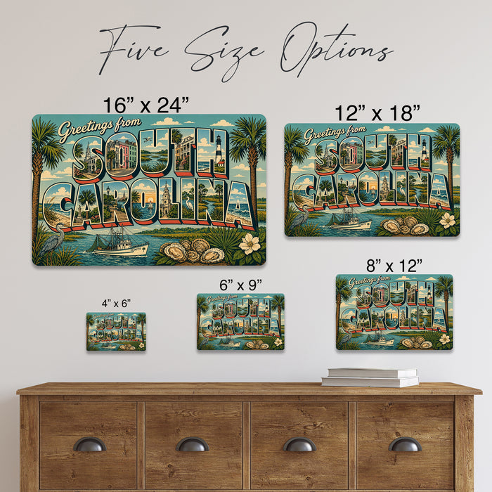 Greetings from South Carolina metal sign with horizontal vintage 'Greetings from South Carolina' large-letter postcard with