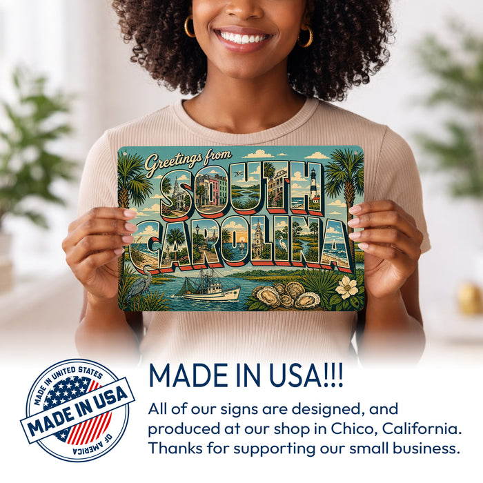 Greetings from South Carolina metal sign with horizontal vintage 'Greetings from South Carolina' large-letter postcard with