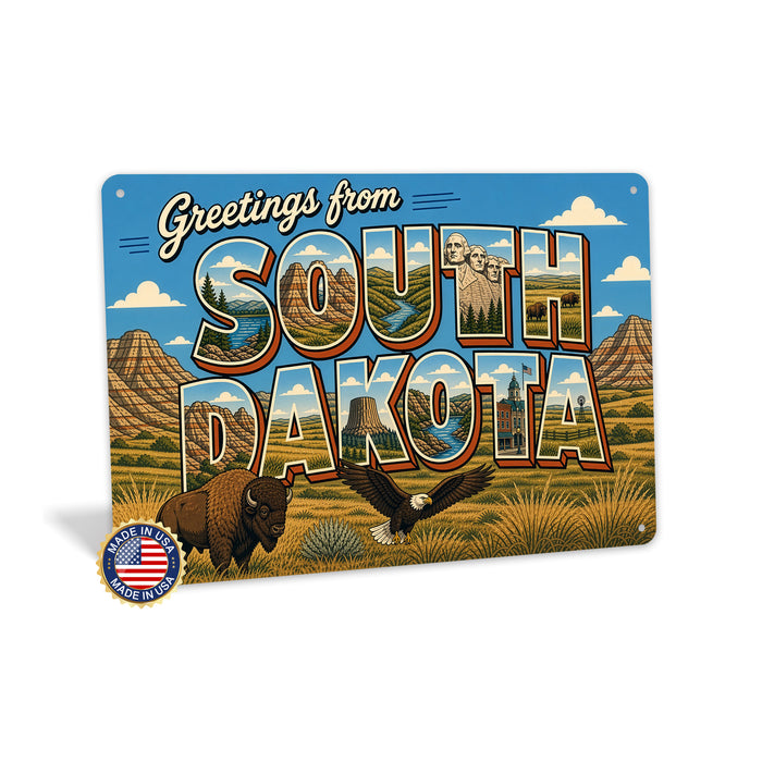 Greetings from South Dakota metal sign with horizontal vintage 'Greetings from South Dakota' large-letter postcard with