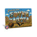 Greetings from South Dakota metal sign with horizontal vintage 'Greetings from South Dakota' large-letter postcard with