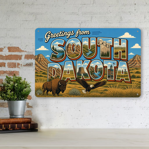 Greetings from South Dakota metal sign with horizontal vintage 'Greetings from South Dakota' large-letter postcard with