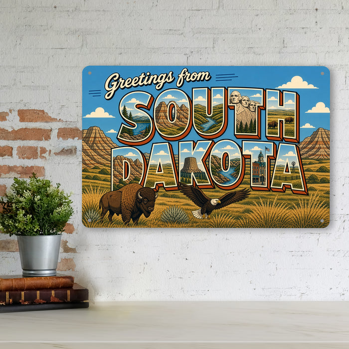 Greetings from South Dakota metal sign with horizontal vintage 'Greetings from South Dakota' large-letter postcard with