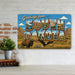 Greetings from South Dakota metal sign with horizontal vintage 'Greetings from South Dakota' large-letter postcard with