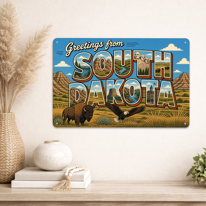 Greetings from South Dakota metal sign with horizontal vintage 'Greetings from South Dakota' large-letter postcard with