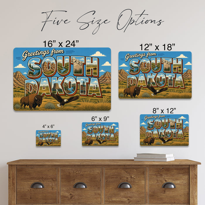 Greetings from South Dakota metal sign with horizontal vintage 'Greetings from South Dakota' large-letter postcard with