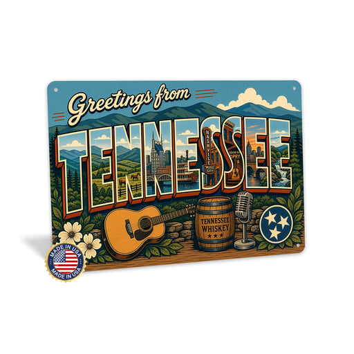 Greetings from Tennessee metal sign with horizontal vintage 'Greetings from Tennessee' large-letter postcard with Nashville