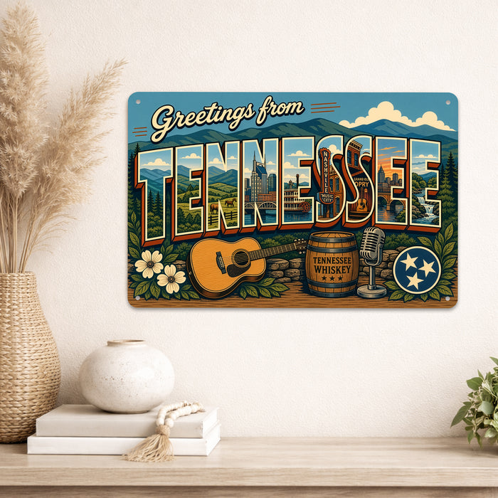 Greetings from Tennessee metal sign with horizontal vintage 'Greetings from Tennessee' large-letter postcard with Nashville
