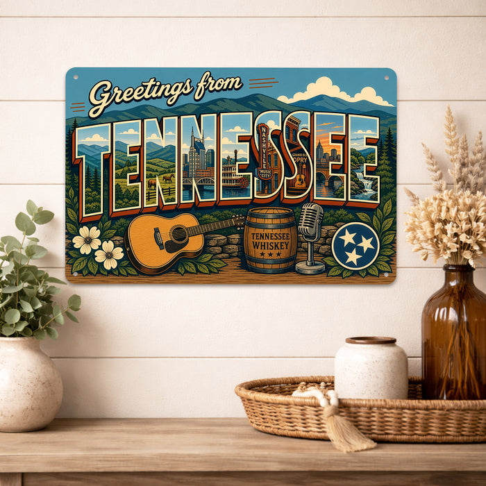 Greetings from Tennessee metal sign with horizontal vintage 'Greetings from Tennessee' large-letter postcard with Nashville