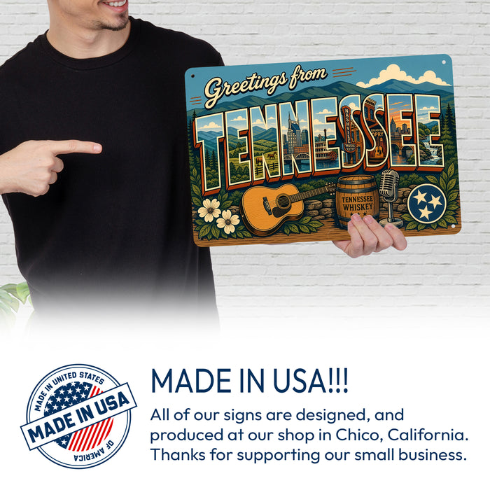 Greetings from Tennessee metal sign with horizontal vintage 'Greetings from Tennessee' large-letter postcard with Nashville