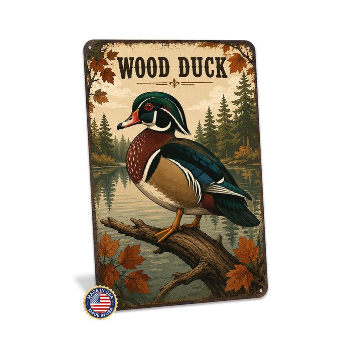 Wood Duck metal sign with vintage duck identification portrait style Wood Duck