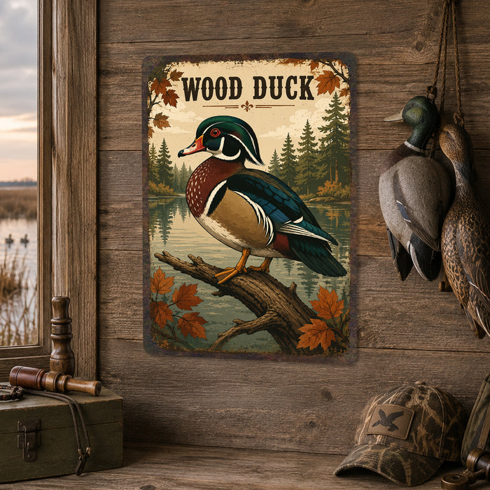 Wood Duck metal sign with vintage duck identification portrait style Wood Duck