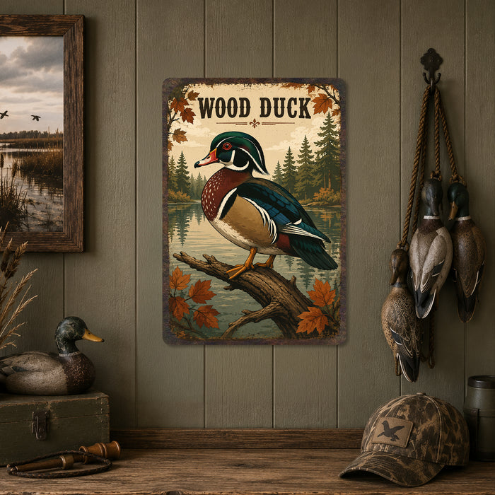 Wood Duck metal sign with vintage duck identification portrait style Wood Duck