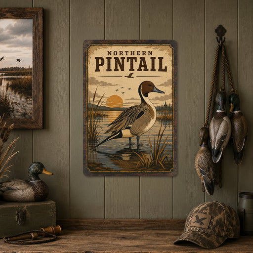 Northern Pintail metal sign with vintage duck identification portrait style Northern Pintail