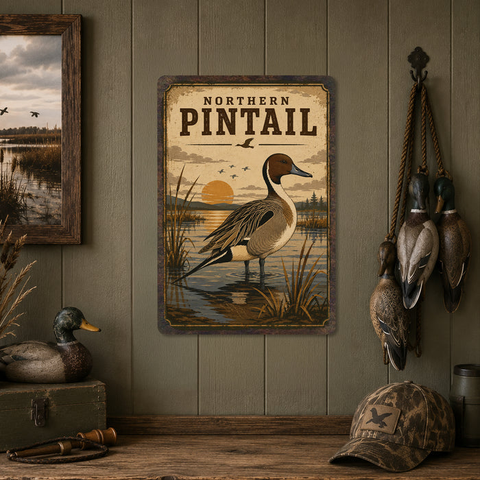 Northern Pintail metal sign with vintage duck identification portrait style Northern Pintail