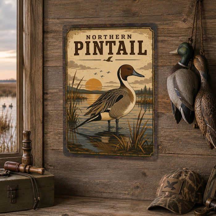 Northern Pintail metal sign with vintage duck identification portrait style Northern Pintail