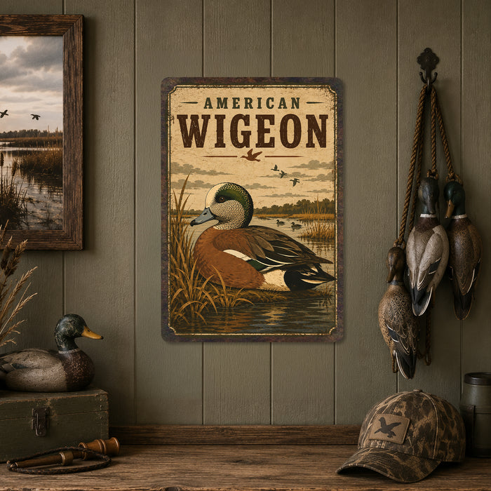 American Wigeon metal sign with vintage duck identification portrait style American Wigeon