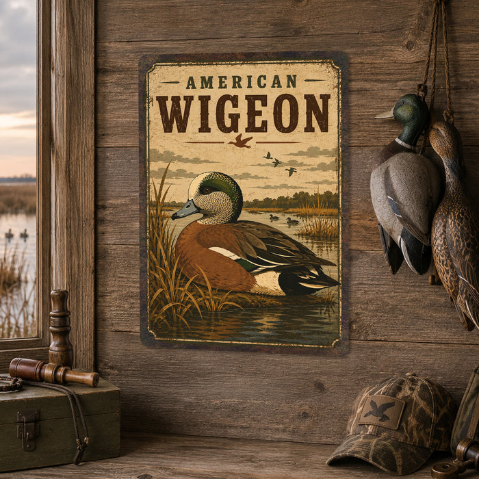American Wigeon metal sign with vintage duck identification portrait style American Wigeon