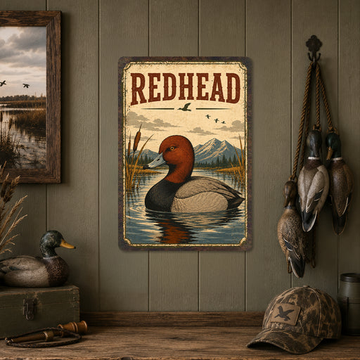 Redhead Duck metal sign with vintage duck identification portrait style Redhead Duck