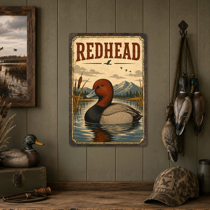 Redhead Duck metal sign with vintage duck identification portrait style Redhead Duck