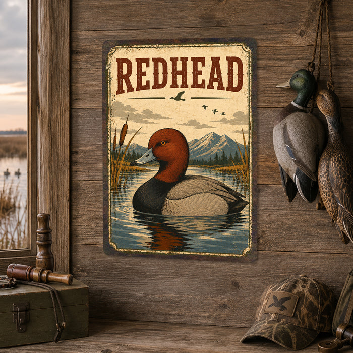 Redhead Duck metal sign with vintage duck identification portrait style Redhead Duck