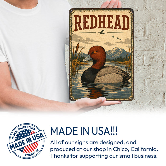 Redhead Duck metal sign with vintage duck identification portrait style Redhead Duck