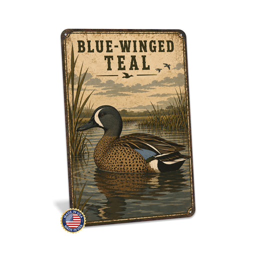 Blue-Winged Teal metal sign with vintage duck identification portrait style Blue-Winged Teal