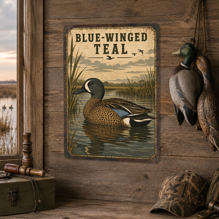 Blue-Winged Teal metal sign with vintage duck identification portrait style Blue-Winged Teal