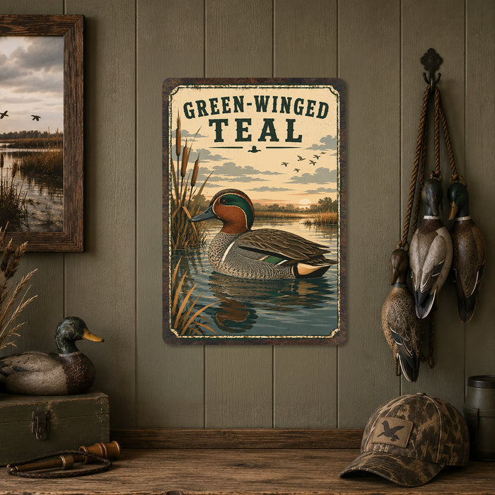Green-Winged Teal metal sign with vintage duck identification portrait style Green-Winged Teal