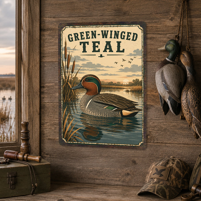 Green-Winged Teal metal sign with vintage duck identification portrait style Green-Winged Teal