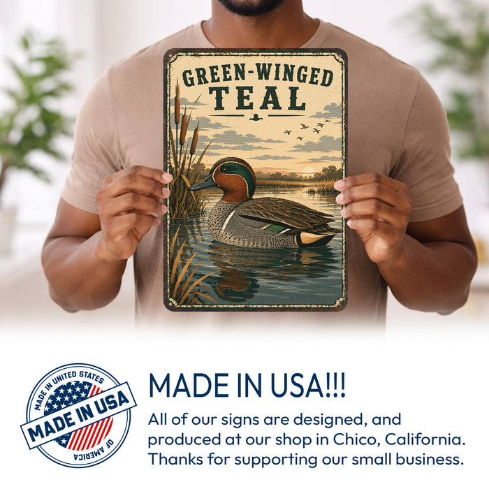 Green-Winged Teal metal sign with vintage duck identification portrait style Green-Winged Teal
